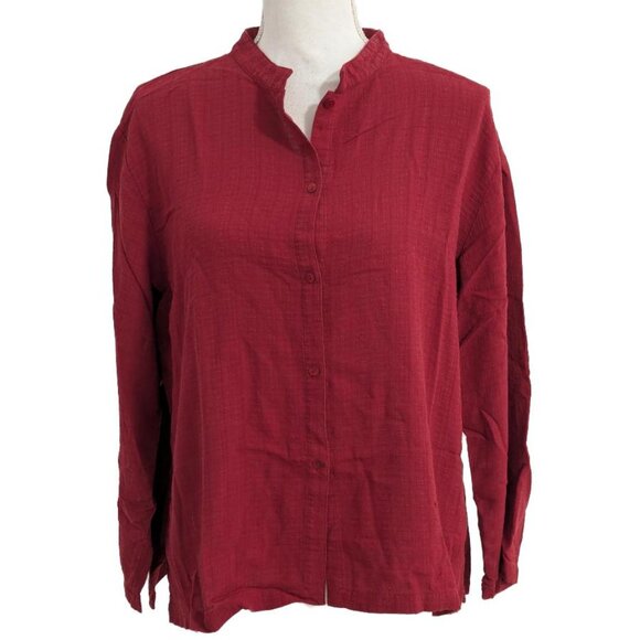 Eileen Fisher Red Button-Down Linen-Blend Long-Sleeve Shirt with Mandarin Collar - Picture 1 of 8